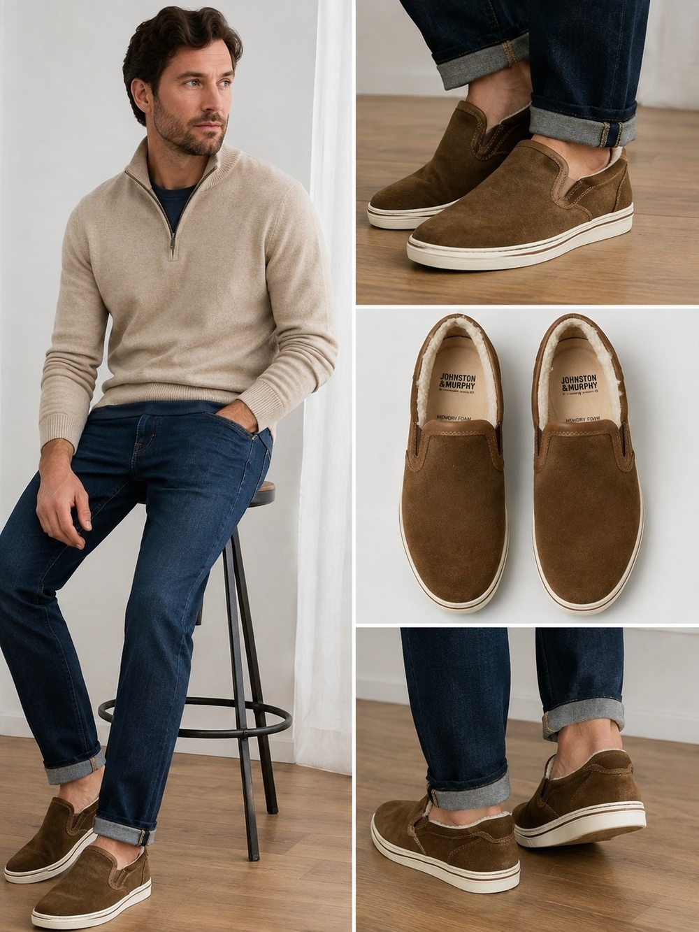 Johnston & Murphy Men’s Suede Shearling Lined Slip On Sneakers Brown 8M